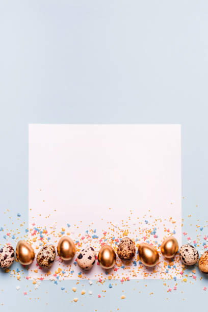 istock Happy easter greeting card. Creative layout made of square paper and golden egg border. Place for congratulation text 1214291375