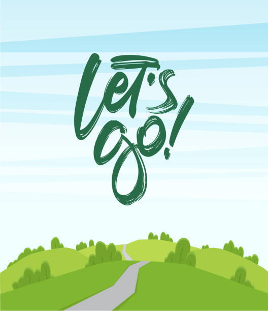 illustrations, cliparts, dessins animés et icônes de paysage de dessin animé avec des collines et la route. lettrage manuscrit de let s go. - on the move