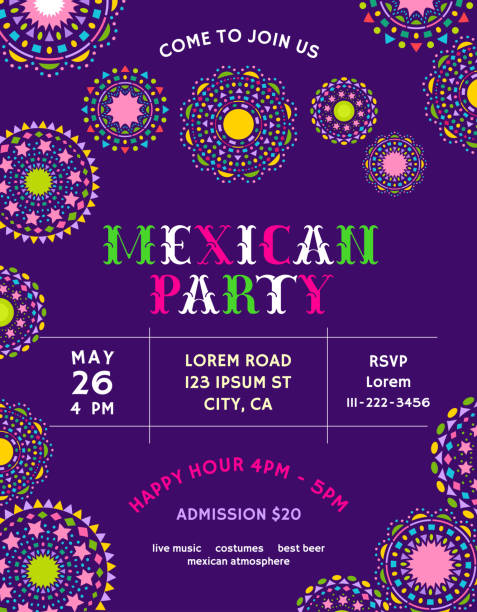 Modèle d’invitation de partie mexicaine avec des éléments décoratifs festifs. - Illustration vectorielle