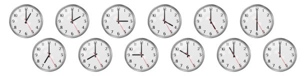 istock Set of round clocks showing various time. World clock set, time zones. Realistic vector illustration 1214294731
