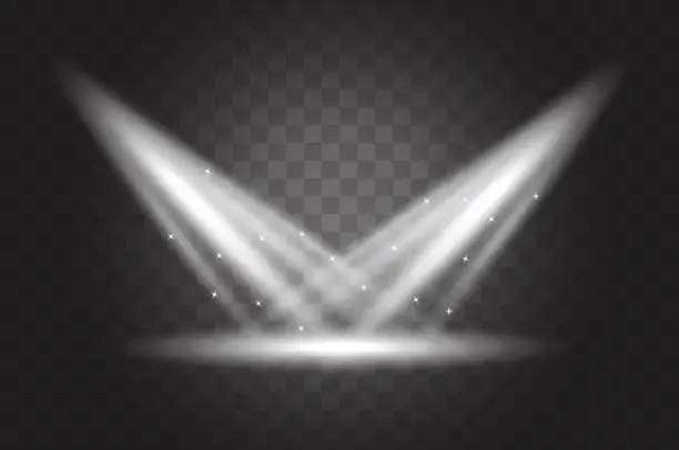 Vector illustration of Two spotlights on dark checkered background. Spotlights effect, realistic vector illustration