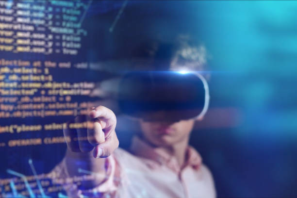 istock Portrait of a boy using an oculus and having a futuristic trip with holograms. 1214298049