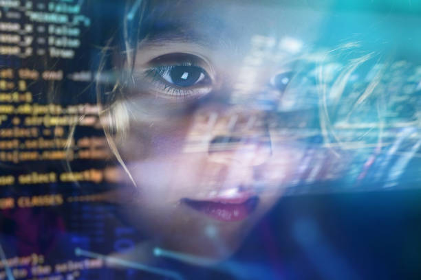 Close up of a little girl looking at some futuristic holograms. Close up of a little girl looking at some futuristic holograms. Concept: Technology, future, graphics kids goal setting stock pictures, royalty-free photos & images