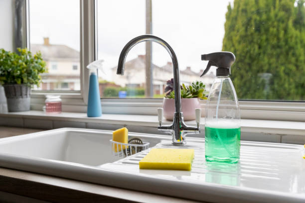 Spring Clean A selection of cleaning products on top of a kitchen sink. cleaning sponge photos stock pictures, royalty-free photos & images