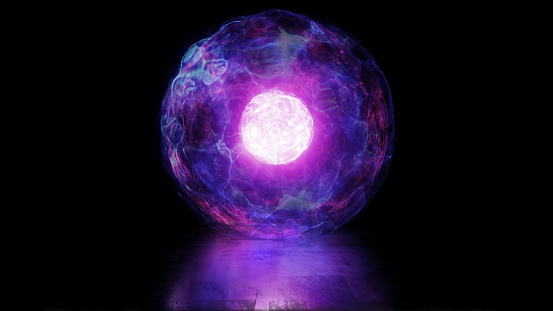 3D rendering ball of energy and plasma in the core of the reactor. Thermonuclear fusion with pulsating plasma flows. Bright background for presentations and information panels