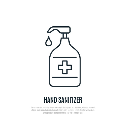 Hand sanitizer line icon isolated on white background. Antibacterial hand gel sign. Prevention of coronavirus. Stock vector illustration for web, mobile apps and print products.