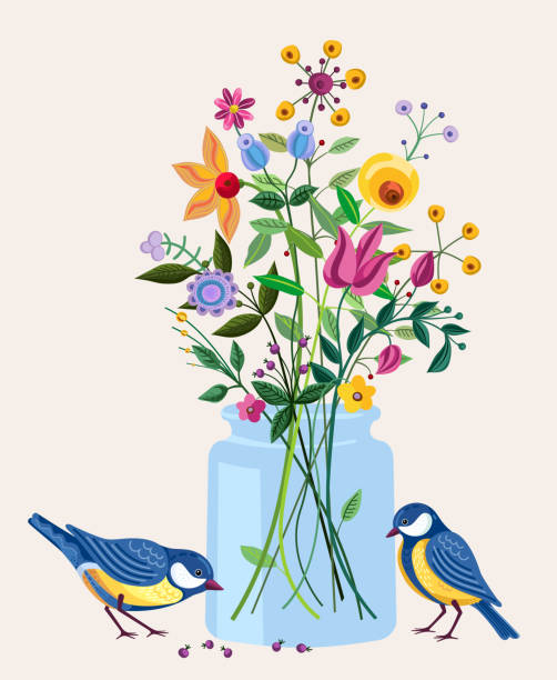 Spring blooming arrangement with fancy flowers and two blue tits. Vintage floral bouquet at yellow jar. Cute birds tasting seeds. Watercolor painting imitation vector illustration. mason jar stock illustrations