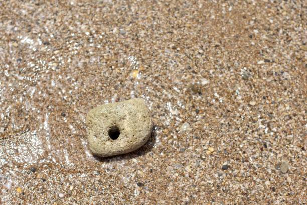 istock A large stone with a through hole. Natural sea stone with a hole as Chicken God or Lucky stone. Witch, Adder, Snake Egg, Hex, Fairy, Holy, Eye- Stone. Sacred talisman. Decoration concept. 1214301270