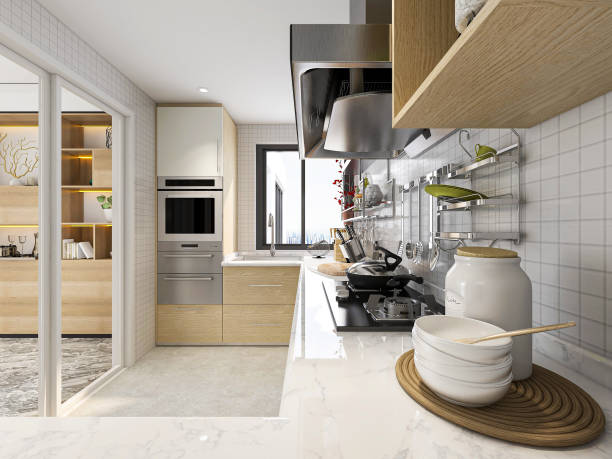 istock 3D rendering,Modern family kitchen design, new cabinets and kitchenware with refrigerators, sunlight from the window. 1214304379