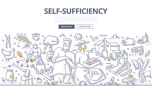 Self-sufficiency Doodle Concept People work on the farmstead, fully providing themselves with food and everything necessary for independent existence. Self-sufficiency and survivalism concept. Doodle illustration farm drawings stock illustrations