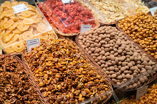Jerusalem, Israel - 06/21/2022:   Dried dates and other dried fruits on display at Mahane Yehuda Market in Jerusalem.