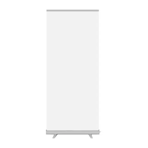 Vector illustration of White blank roll-up banner stand, vector mockup. Vertical roller exhibition display. Template for design