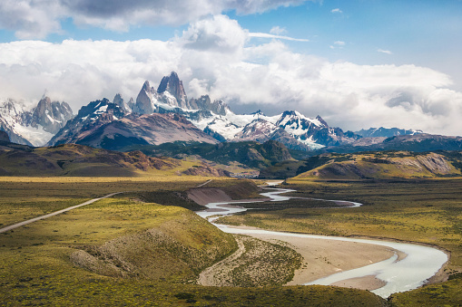 Aerial view of Patagonia landscape showing Mount Fitzroy and Las Vueltas River in El Chalten, Argentina, South America.