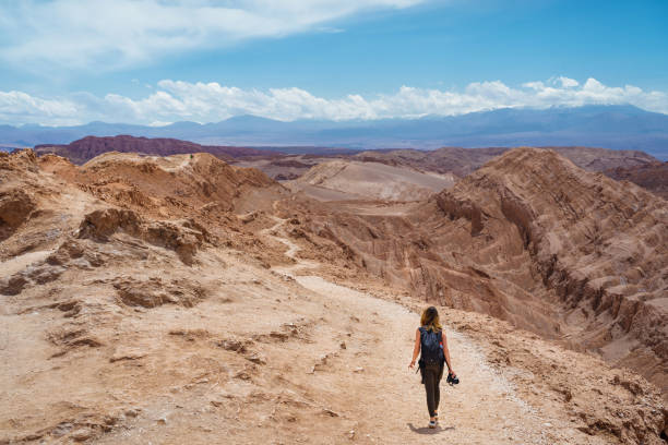 hiker at the moon valley in the atacama desert, chile, south america - san pedro imagens e fotografias de stock