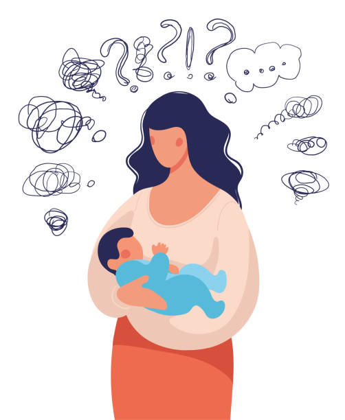 A woman with a child in her arms asks herself many questions. Conceptual illustration about postpartum depression, help for a young mother, family support. Flat cartoon illustration isolated on white background. A woman with a child in her arms asks herself many questions. Conceptual illustration about postpartum depression, help for a young mother, family support. Flat cartoon illustration isolated on white background mother stock illustrations