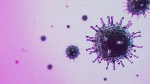 Photo of Dangerous Pandemic coronavirus covid-19 flu with purple background and deep of field effect. 3D rendering