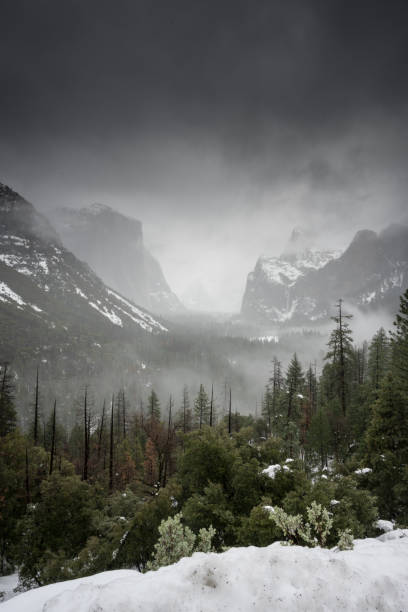 tempestade de inverno limpando o vale de yosemite - mist mountain range californian sierra nevada cliff - fotografias e filmes do acervo