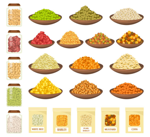 ilustraciones, imágenes clip art, dibujos animados e iconos de stock de cereales en cuencos, arroz, maíz, cebada, iconos de avena - mustard bowl isolated condiment