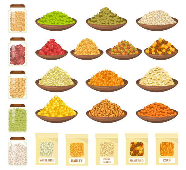 Cereals in bowls, rice, corn, barley, oats icons Cereals and grain in bowls, vector flat icons, superfood and cooking ingredients. Farm market cereals of barley, oat and corn seeds, millet, white rice and mustard, lentil beans and wheat oatmeal buckwheat stock illustrations