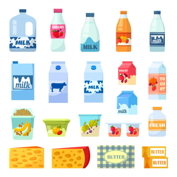 ilustrações de stock, clip art, desenhos animados e ícones de milk and dairy food products, vector flat icons - embrulhado ilustrações