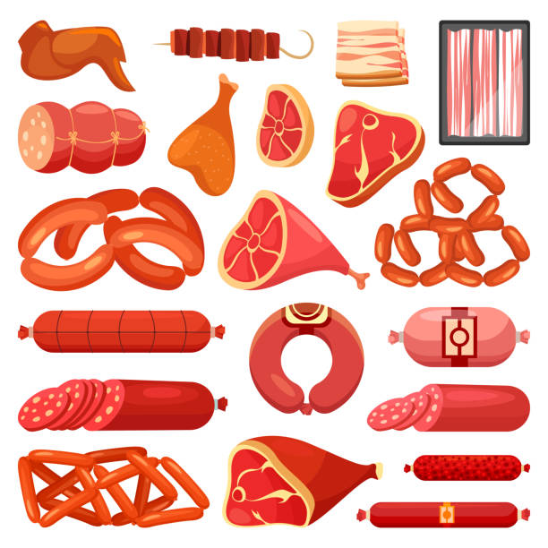Sausages and meat, butchery beef and pork products Butchery meat and sausages, grill food and gourmet delicatessen, vector flat icons. Butcher shop pork bacon and brisket meet, beef steak sirloin, salami and chorizo sausage, kebab and chicken wing serrano chili pepper stock illustrations