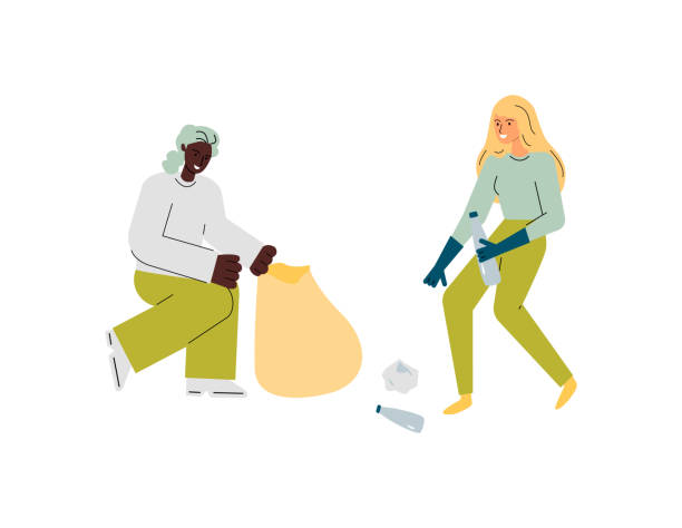 ilustrações, clipart, desenhos animados e ícones de duas mulheres voluntárias recolhendo lixo em sacos de lixo e sorrindo - mulher catando lixo