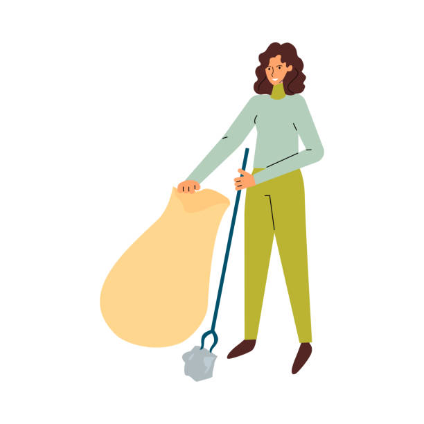 ilustrações, clipart, desenhos animados e ícones de mulher de desenho animado pegando lixo da rua com ferramenta de catador de lixo em saco plástico. - mulher catando lixo