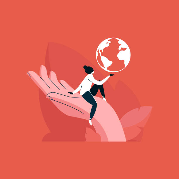 ilustrações de stock, clip art, desenhos animados e ícones de young girl holding a globe in her hand, loving the planet, save earth concept - globe human hand earth world map