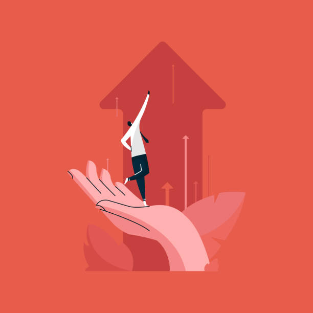 ilustrações de stock, clip art, desenhos animados e ícones de businessman standing on human hand and pushing the business chart arrows upward, business team growth concept - stock exchange illustrations