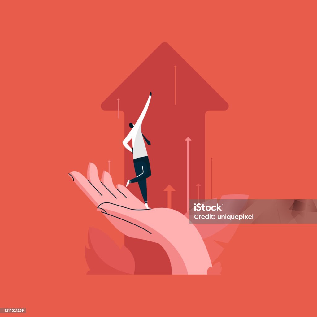 businessman standing on Human hand and pushing the business chart arrows upward, business team growth concept Growth stock vector