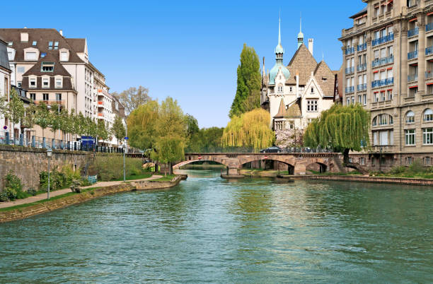 Banks of the Ill in Strasbourg. The district of Pont Saint Etienne and the Lycée des Pontonniers, with beautiful buildings. saint étienne photos stock pictures, royalty-free photos & images