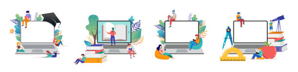 가정에서의 온라인 교육, e-러닝. 웹 사이트 및 모바일 웹 사이트 개발을위한 현대적인 벡터 일러스트 레이션 개념 - child computer internet laptop stock illustrations