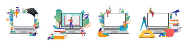 e-learning, edukacja online w domu. nowoczesne koncepcje ilustracji wektorowych dla tworzenia stron internetowych i mobilnych stron internetowych - web banner stock illustrations