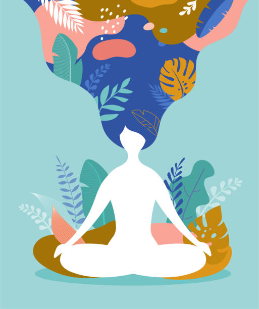 ilustrações de stock, clip art, desenhos animados e ícones de coping with stress and anxiety using mindfulness, meditation and yoga. vector background in pastel vintage colors with a woman sitting cross-legged and meditating. vector illustration - exercício de relaxamento ilustrações