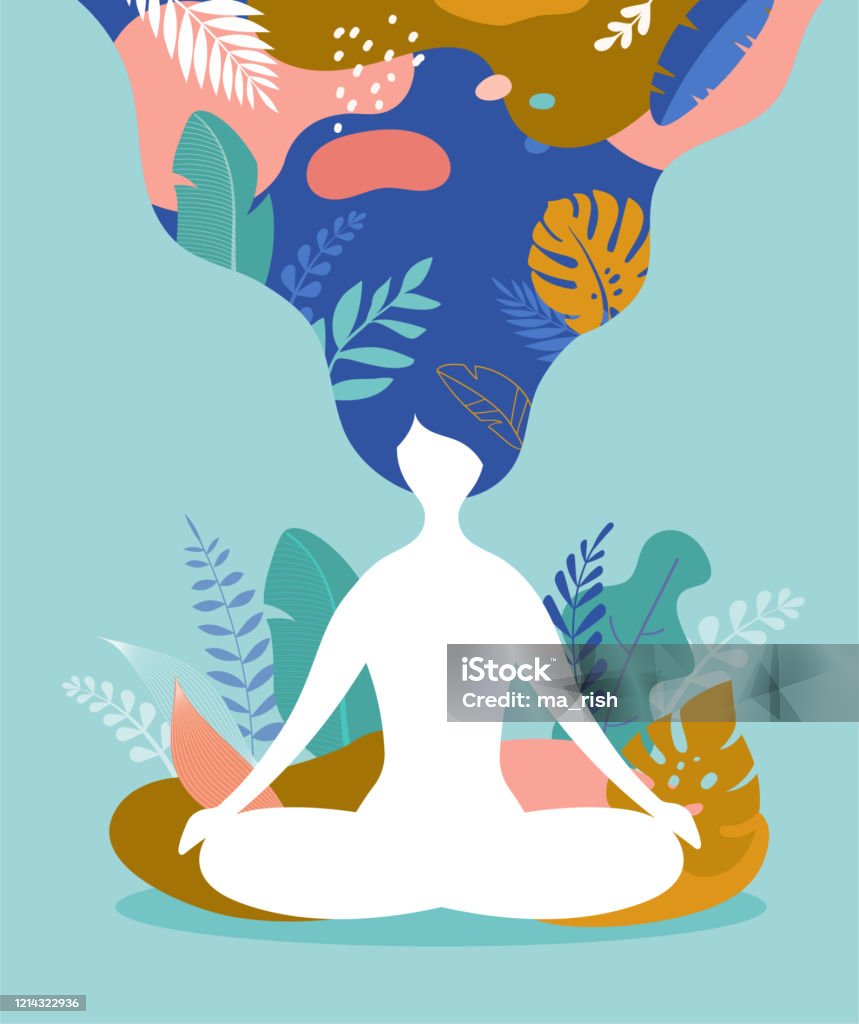 Coping with stress and anxiety using mindfulness, meditation and yoga. Vector background in pastel vintage colors with a woman sitting cross-legged and meditating. Vector illustration Coping with stress and anxiety using mindfulness, meditation and yoga. Vector background in pastel vintage colors with a woman sitting cross-legged and meditating.. Vector illustration Wellbeing stock vector