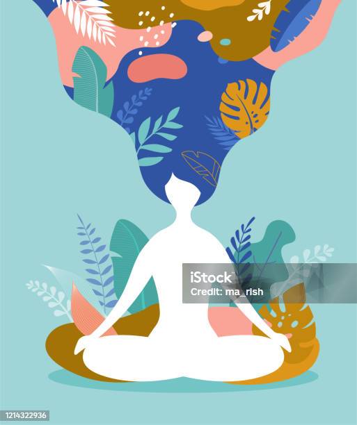 Coping With Stress And Anxiety Using Mindfulness Meditation And Yoga Vector Background In Pastel Vintage Colors With A Woman Sitting Crosslegged And Meditating Vector Illustration Stock Illustration - Download Image Now