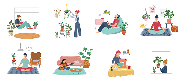 Quarantine, stay at home concept series - young women and men sitting at their home, room or apartment, practicing yoga, enjoying meditation, relaxing on sofa, reading books, baking and listening to the music. Flat cartoon vector illustration