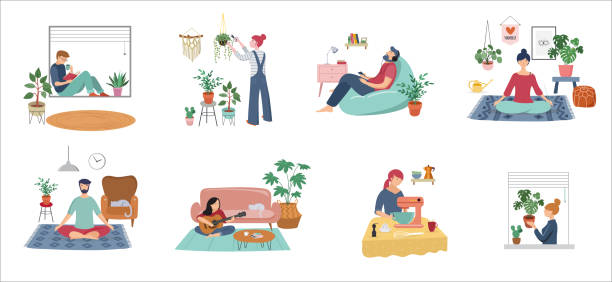 Quarantine, stay at home concept series - people sitting at their home, room or apartment, practicing yoga, enjoying meditation, relaxing on sofa, reading books, baking and listening to the music. Quarantine, stay at home concept series - young women and men sitting at their home, room or apartment, practicing yoga, enjoying meditation, relaxing on sofa, reading books, baking and listening to the music. Flat cartoon vector illustration apartment illustrations stock illustrations