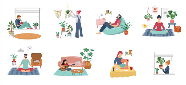 Quarantine, stay at home concept series - people sitting at their home, room or apartment, practicing yoga, enjoying meditation, relaxing on sofa, reading books, baking and listening to the music. Quarantine, stay at home concept series - young women and men sitting at their home, room or apartment, practicing yoga, enjoying meditation, relaxing on sofa, reading books, baking and listening to the music. Flat cartoon vector illustration meditation illustration stock illustrations