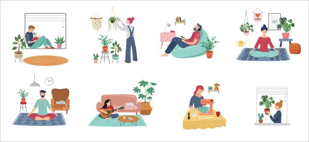 Vector illustration of Quarantine, stay at home concept series - people sitting at their home, room or apartment, practicing yoga, enjoying meditation, relaxing on sofa, reading books, baking and listening to the music.