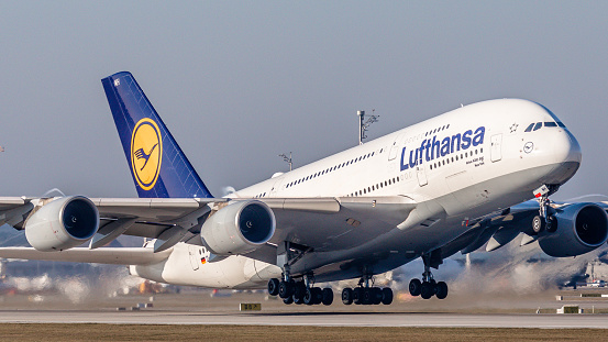Munich, Germany - December 12, 2019: An Airbus A380-841 from Lufthansa takes off from Munich Airport. The aircraft with registration D-AIMH has been in service for the German airline since July 2011.