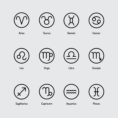 A simple line art set of Zodiac signs isolated on grey background