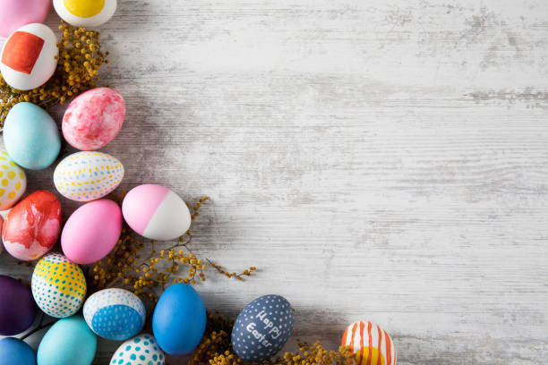 easter eggs on old white wood background - wood eggs easter easter egg imagens e fotografias de stock