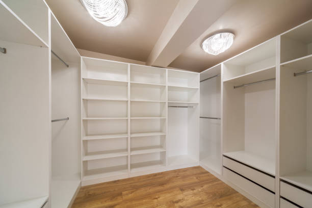istock Big empty wardrobe in dressing room. Large wardrobe room, with empty shelves. Interior of modern empty dressing room, wardrobe. 1214325292