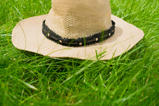 Summer hat from the sun lying on the green grass.