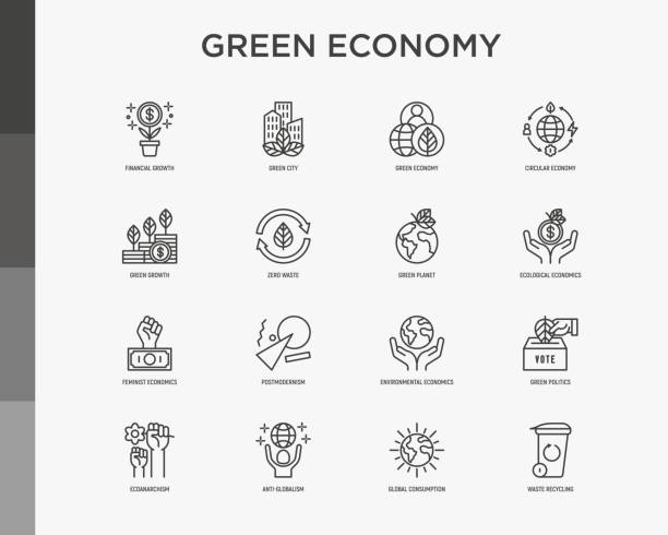 ikon garis tipis ekonomi hijau ditetapkan: pertumbuhan keuangan, kota hijau, nol limbah, ekonomi sirkular, politik hijau, anti-globalisme, konsumsi global. ilustrasi vektor untuk masalah lingkungan. - keberlanjutan ilustrasi stok