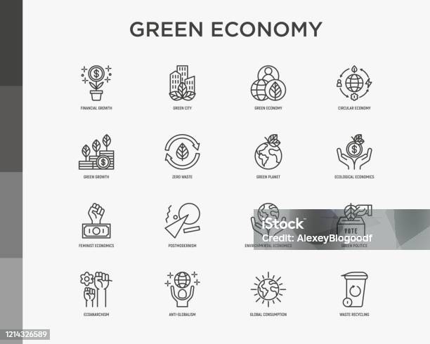 녹색 경제 얇은 라인 아이콘 설정 금융 성장 녹색 도시 제로 폐기물 순환 경제 녹색 정치 반 세계주의 글로벌 소비 환경 문제에 대한 벡터 그림입니다 아이콘에 대한 스톡 벡터 아트 및 기타 이미지