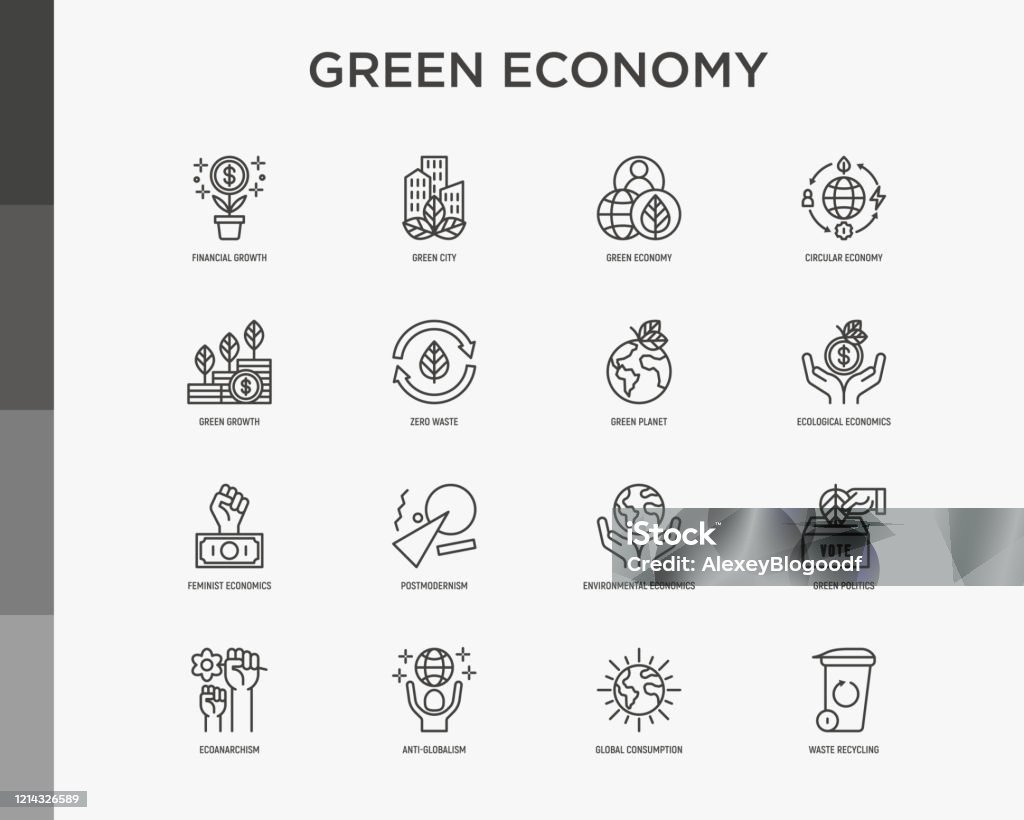 Grön ekonomi tunn linje ikoner som: finansiell tillväxt, grön stad, noll avfall, cirkulär ekonomi, grön politik, anti-globalism, global konsumtion. Vektorillustration för miljöfrågor. - Royaltyfri Ikon vektorgrafik