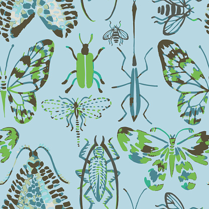 Vector seamless pattern made of watercolor insects. Hand drawn butterflies, beetles, dragonfly, bee. Watercolor texture. Backdrop for wallpaper, textiles, fabric, clothes, wrapper, surface.