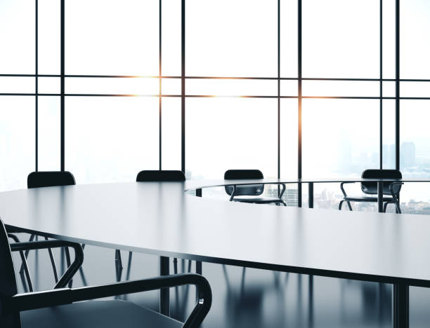 istock Futuristic conference interior room with city view. 1214326647